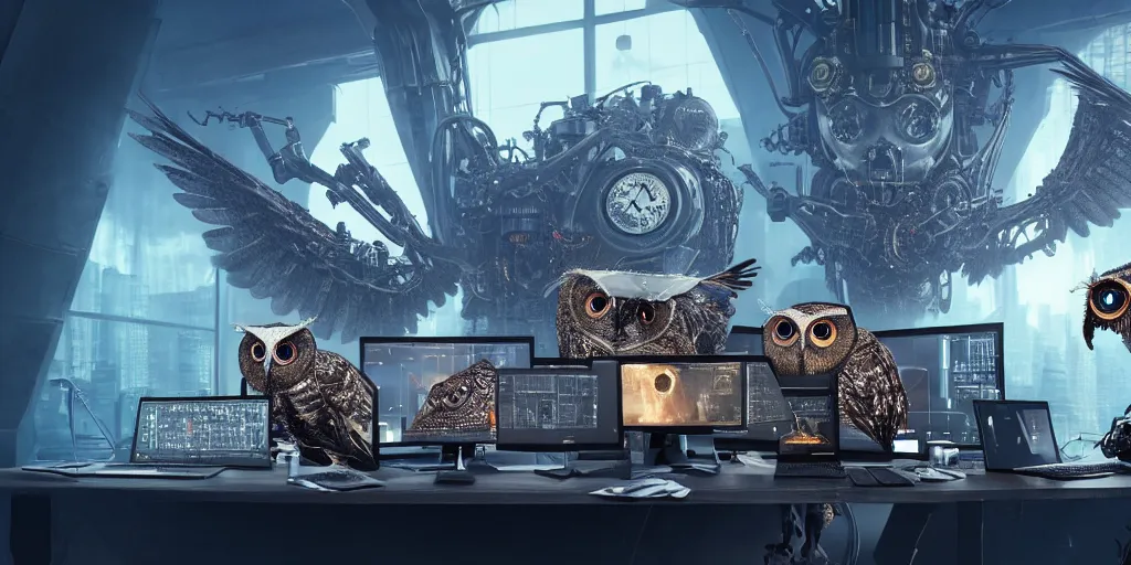 Image similar to an giant evil, malevolent, cyborg owls looking at a computer, surrounded by computer screens. steampunk. this 4 k hd image is trending on artstation, featured on behance, well - rendered, extra crisp, features intricate detail and the style of unreal engine. volumetric lighting octane render