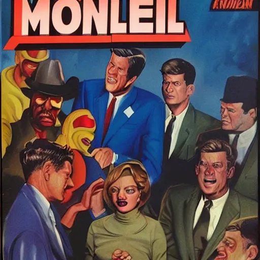 Prompt: comic book cover of'jfk meets the underground mole people ', art by alex ross