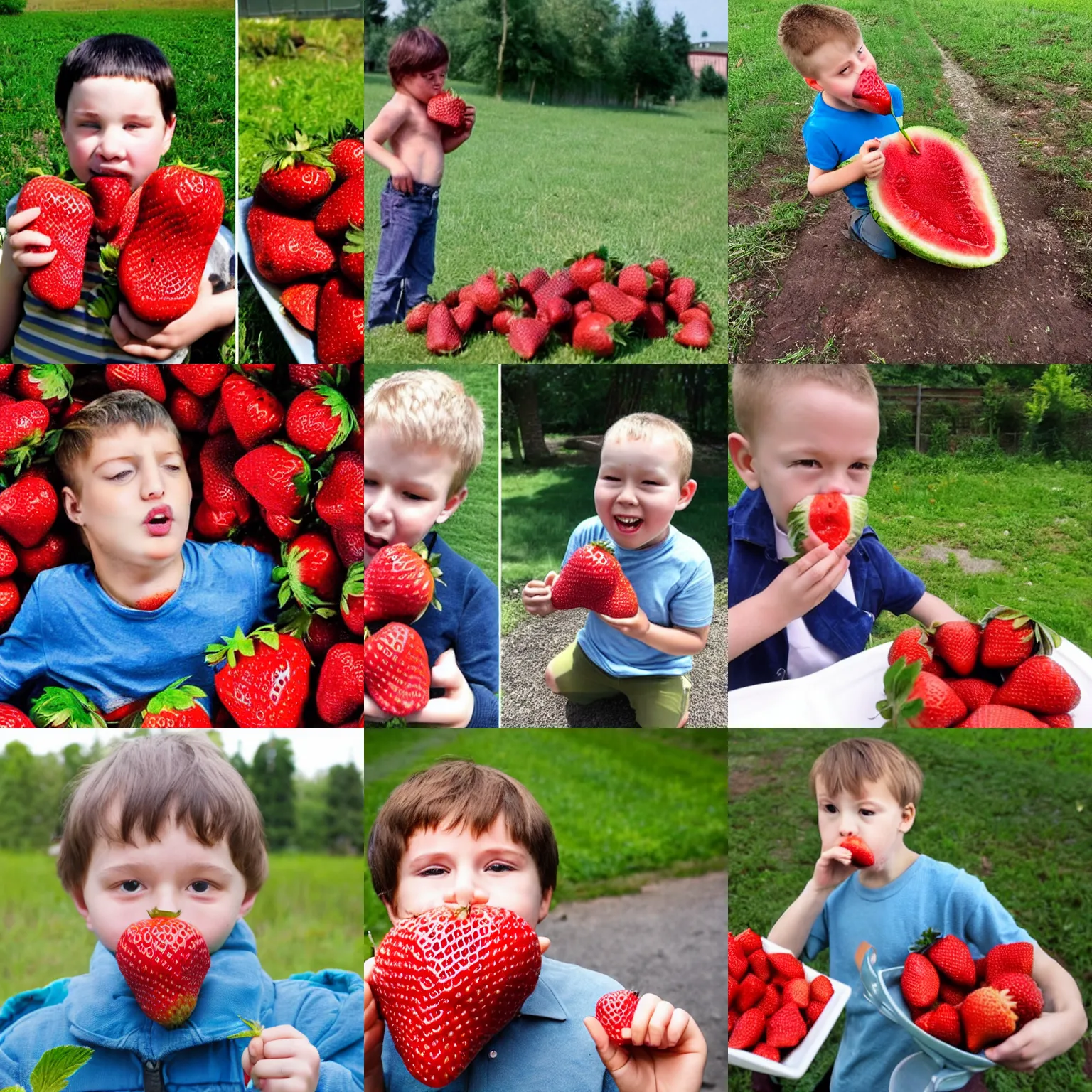 Prompt: kid with flat face eat huge strawberries in the postsoviet suburbia