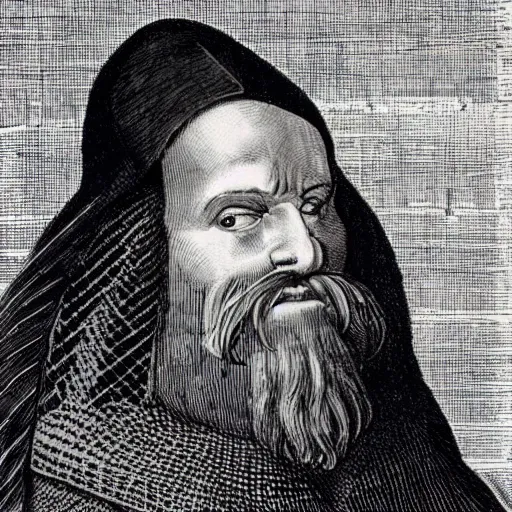 Image similar to medieval nobleman, bald with a black beard and a serious look on his face.