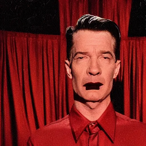 Image similar to the black lodge, Twin Peaks (1990), eerie surreal nightmare, david lynch, red curtains, ominous