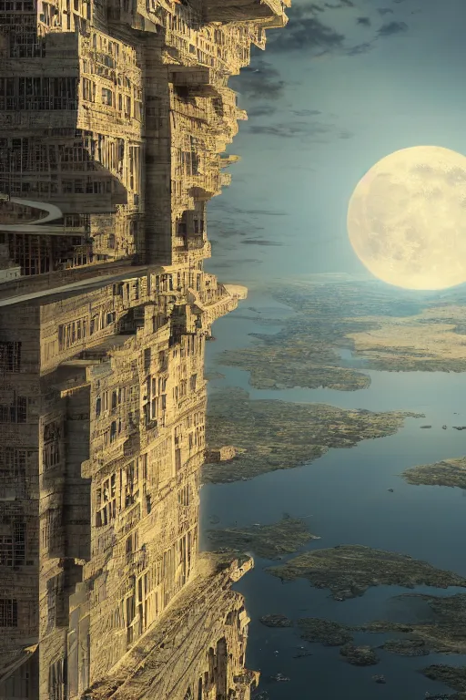 Image similar to exemplary cinematography flooding moonlight nile river aerial perspective surveillance footage building by frank lloyd wright by trending on artstation matte painting, 4 k detail fantasy, cgsociety, matte painting