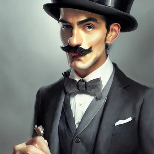 Prompt: hyper realistic dapper fancy luigi wearing a top hat, smirking deviously, painted by greg rutkowski, wlop, artgerm