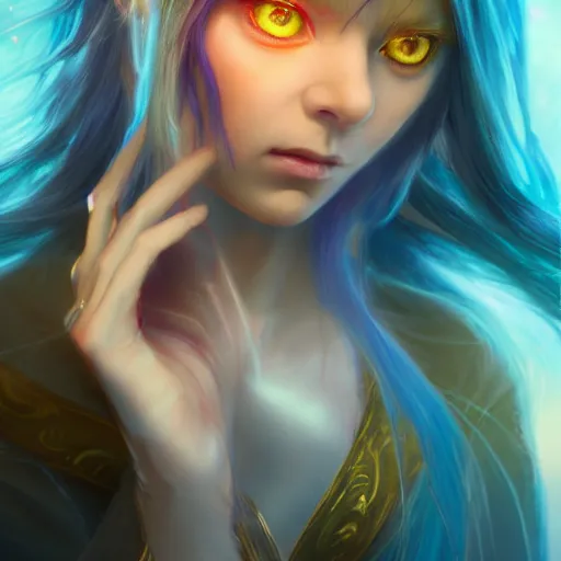 Image similar to rimuru tempest from tensura holding purple flames in her palm, with amber eyes of golden colored eyes, straight hair, sky blue hair, long bangs, high collar, concept art, award winning photography, digital painting, cinematic, wlop, 8 k, by ross tran, tom bagshaw, andy warhol