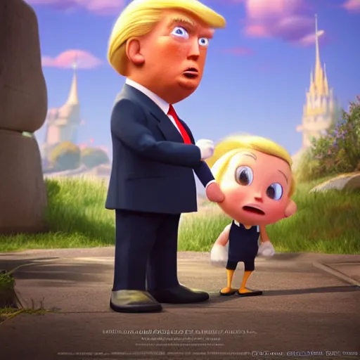 Image similar to a wholesome animation key shot of chibi donald trump, pixar and disney animation, sharp, very detailed, high resolution, rendered in unreal engine 5, key art by greg rutkowski, bloom, dramatic lighting