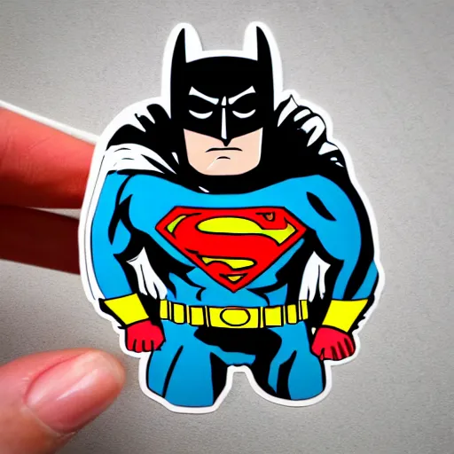 Image similar to die cut sticker, batman in a superman suit, splatter paint