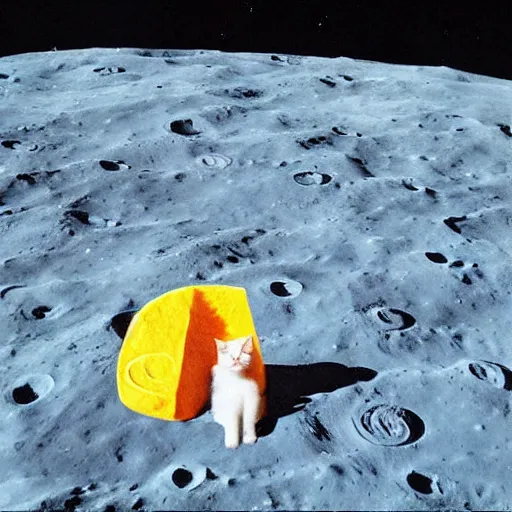 Image similar to “ a cat sitting on the moon made of cheese, bright color, by coby whitmore ”