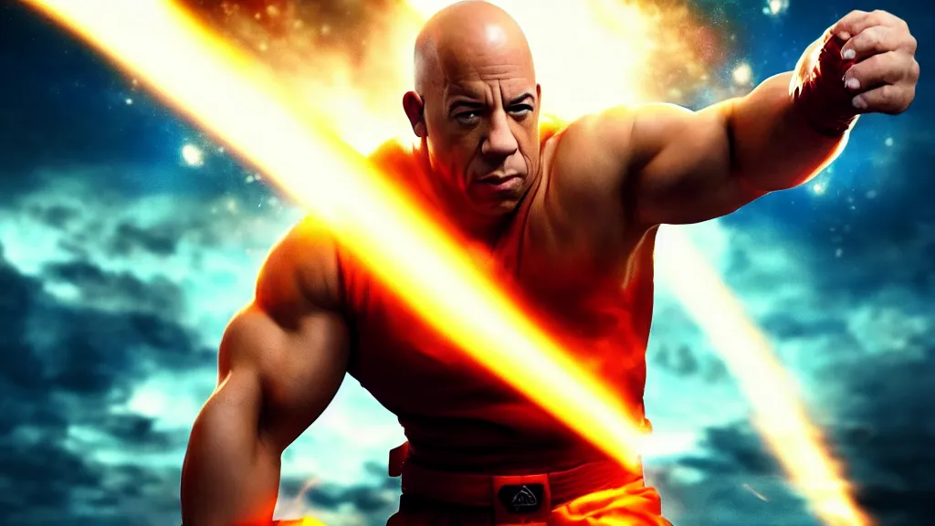 Image similar to extreme wide shot of vin diesel as saitama!!! punching!!! a car!!!!!! into space, ultra realistic, lens flare, atmosphere, glow, detailed, intricate, full of colour, cinematic lighting, trending on artstation, 4 k, hyperrealistic, focused, extreme details, unreal engine 5, cinematic, masterpiece