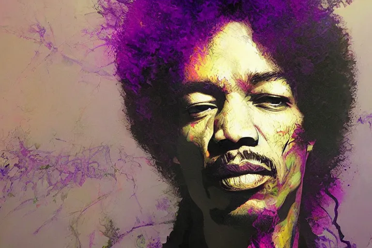 Prompt: jimi hendrix as a purple haze, soft, sharp focus, detailed, fractals, artwork by Ruan Jia