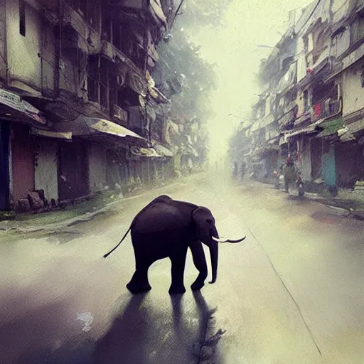 Prompt: An elephant walking down a street in Guwahati city. By Greg Rutkowski, trending on ArtStation