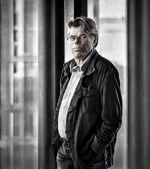 Image similar to hd pro telephoto photo portrait of stephen king standing in front of darktower dramatic Leica Zeiss cinematic noir trending on Flickr artstation