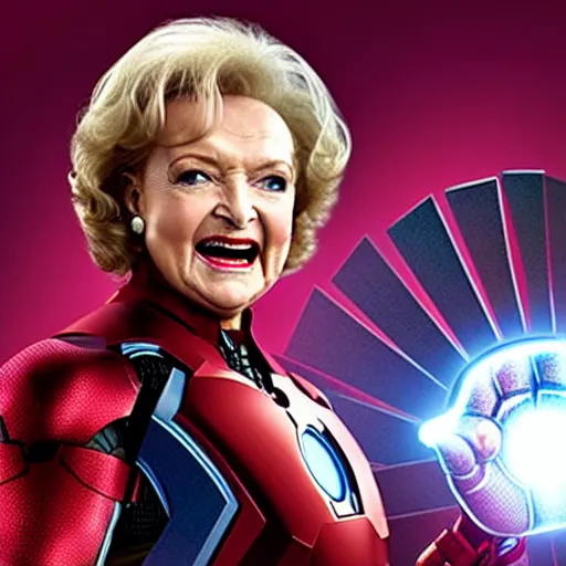 Image similar to promotional still of betty white as marvel's iron man [ film ], hero pose but shy, action, adventure, romance, imax 7 0 mm, 4 k