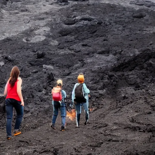 Image similar to photograph of people wearing jeans hiking to a volcano eruption