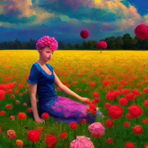 Image similar to giant rose flower head, full body girl sitting in a flower field, surreal photography, sunrise, dramatic light, impressionist painting, colorful clouds, digital painting, artstation, simon stalenhag