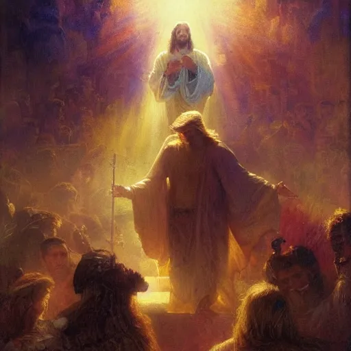 Image similar to donald trump as jesus, radiant light, caustics, heroic, bright iridescent light, by gaston bussiere, bayard wu, greg rutkowski, maxim verehin