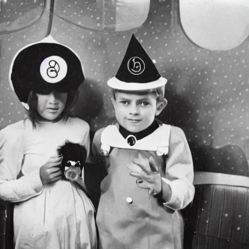 Image similar to kids on Halloween costumes on a train to another dimension, vintage photography, high quality, nostalgic