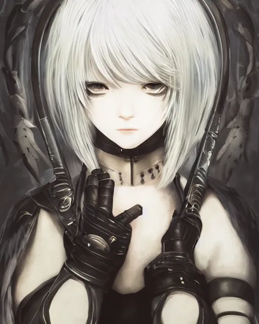 Prompt: infinitely detailed nierautomata painting, pixivartststion!! ambient lighting, cute - fine - angel angel, fine art, infinitely detailed architectures. beautiful iridescent eyes and heavenly clothes