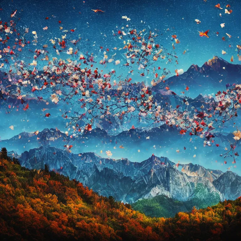 Image similar to a beautiful awesome artistic tree with falling flowers like leaves and many birds, all in the amazing outdoors view, mountain in the background, lake, long exposure, 8 k resolution, trending on artstation