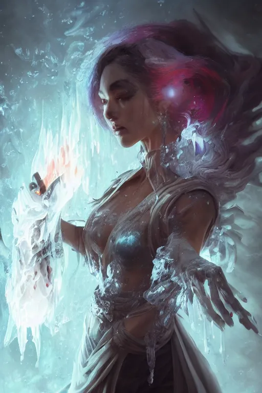 Image similar to beautiful girl necromancer, witch - doctor covered with ice exploding into ice, angels, 3 d render, hyper realistic detailed portrait, holding fire and electricity, ruan jia, wlop. scifi, fantasy, magic the gathering, hyper detailed, octane render, concept art, peter mohrbacher