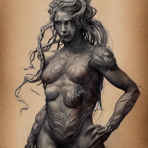 Image similar to full body sketch of a beautiful young medusa, perfect anatomy, full body, watercolor background, pencil art, ink and pencil, hyperrealistic, hyperdetailled, digital art, greg rutkowski, artstation, 8 k, beautiful drawing, paper texture, spray paint, watercolors