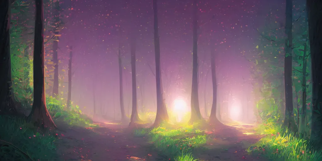 Image similar to colorful sylvain sarrailh illustration of a night view down an empty forest tunnel, brightly illuminated by rays of sunlight, wildflowers, artstation