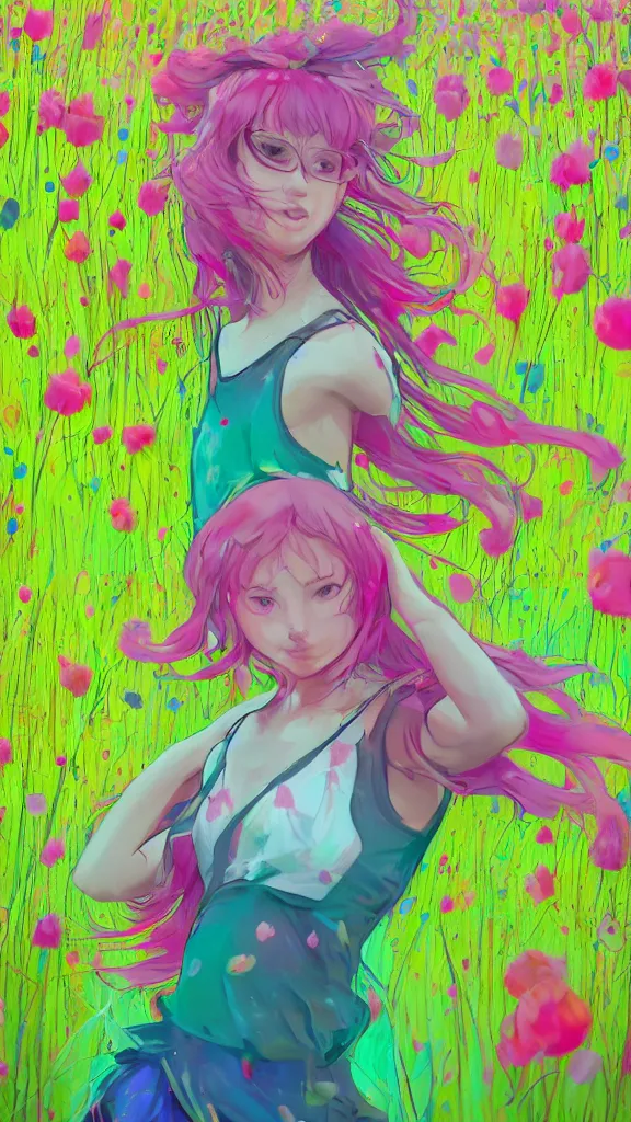 Image similar to portrait of a girl dancing in a field full of fluo flowers, detailed, elegant, highly detailed, artstation, concept art, illustration, sharp focus, anime, art by GA IS,