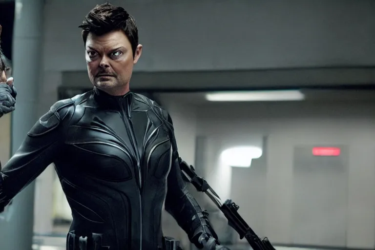 Image similar to a film still of karl urban in catwoman, high quality