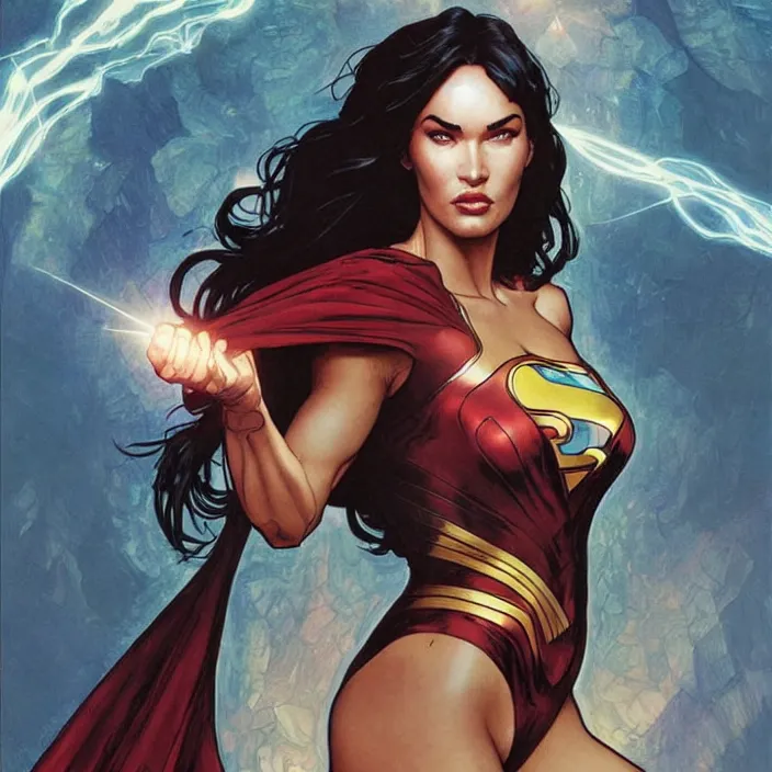 Image similar to megan fox as female superman shooting eye beams by artgerm, greg rutkowski, alphonse mucha