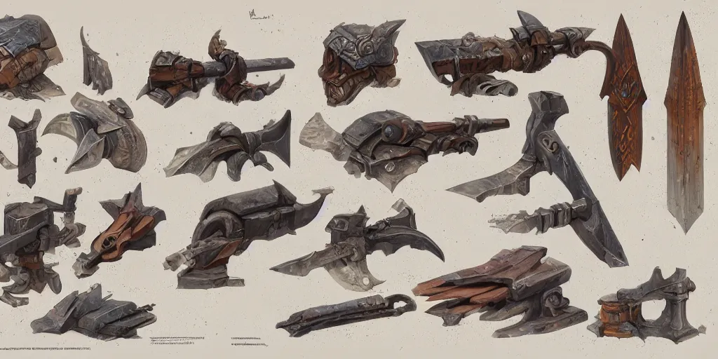 Image similar to schematic diagram of axes, dwarven, weapons, built, book, page, detailed, cross section, trending on artstation, cgsociety, Ralph McQuarrie and Greg Rutkowski