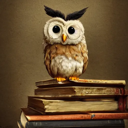 Image similar to long shot of a very cute plushy tired owl sitting on a pile of antique books, by esao andrews, by james jean, humorous illustration, hyperrealistic, big depth of field, fresh colors, dim light, 3 d octane render conceptart, 4 k, hyperdetailed, trending on artstation