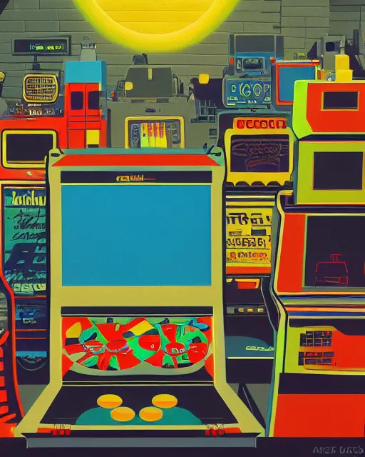 Prompt: arcade start screen. 8 0 s era technology, vintage shapes, retro technology, vintage color, wayne barlow, oil on canvas, deep depth of field, masterpiece, cinematic composition, hyperdetailed