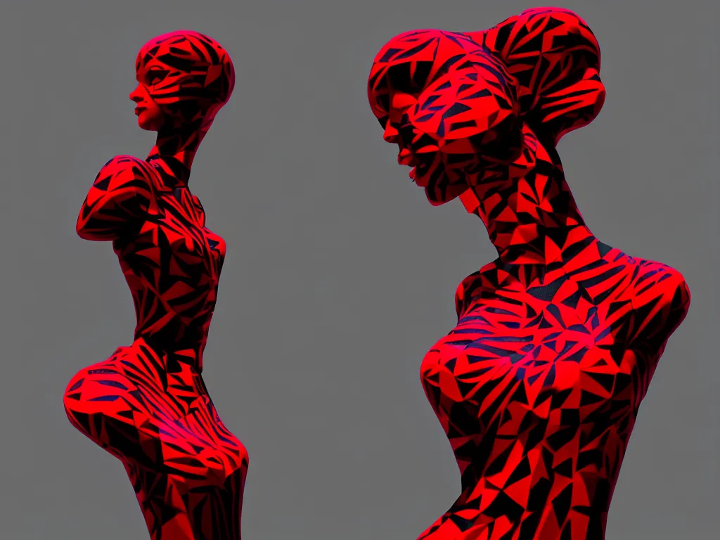 Image similar to a beautiful red and black 3 d geometrically printed mannequin in the style of james jean, chrome orchids dripping black iridescent liquid, winged victory, moody, dramatic, introspective, 4 k, trending on artstation, photorealistic, volumetric lighting, octane render