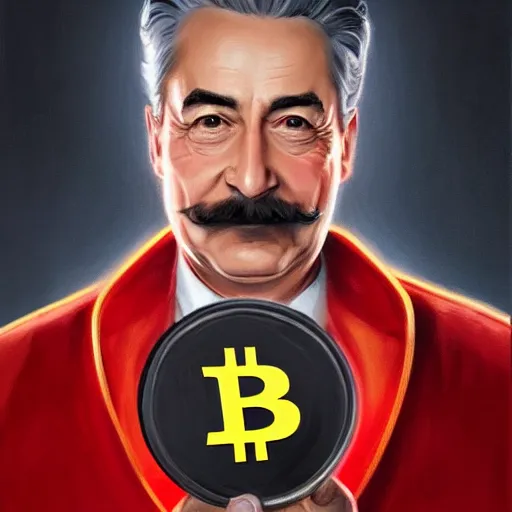 Prompt: realistic josef stalin holding big cryptocurrency bitcoin coin in hand wearing reflective red coat portrait, highly detailed, hyperrealistic, digital painting, artstation, concept art, smooth, sharp focus, illustration, cinematic lighting, art by artgerm and greg rutkowski