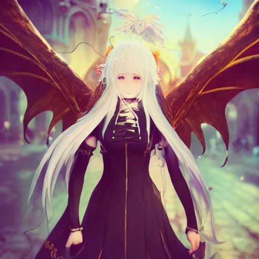 Image similar to a very beautiful anime girl with dragon wings in a medieval town square , full body, long white hair, golden watery eyes, full round face, short smile, cinematic lightning, medium shot, mid-shot, highly detailed, trending on artstation, Gaussian blur, depth of field, Unreal Engine 4k, Stanley Artgerm Lau, WLOP, Rossdraws, James Jean, Andrei Riabovitchev, Marc Simonetti, and Sakimichan