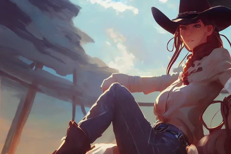 Image similar to western cowgirl smouldering, single centered subject, mid shot, ambient lighting, detailed face, by makoto shinkai, stanley artgerm lau, wlop, rossdraws