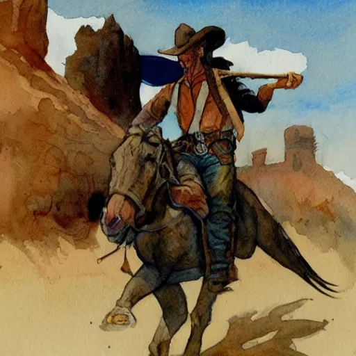 Image similar to a watercolor painting of a cowboy riding a dinosaur in the style of n. c. wyeth and in the style of james gurney.