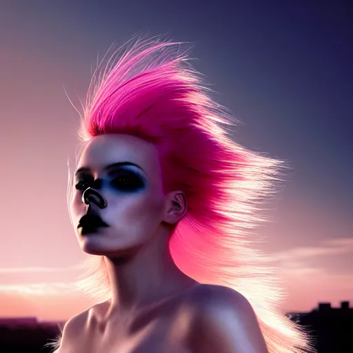 Image similar to photographic portrait of a stunningly beautiful gothic punk cyberpunk pink hair female in soft dreamy light at sunset, god rays, contemporary fashion shoot, by edward robert hughes, annie leibovitz and steve mccurry, david lazar, jimmy nelsson, breathtaking, 8 k resolution, extremely detailed, beautiful, establishing shot, artistic, hyperrealistic, beautiful face, octane render