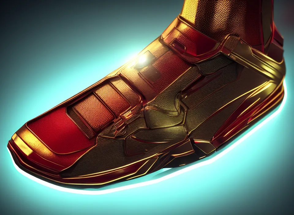 Image similar to realistic 3 d render of a cyberpunk android sneaker, beautiful studio lighting, soft, sharp focus, neon cyberpunk highlights, intricate detail, gold and red metal, soft rubber, textured plastic, octane render, side view, close up, trending on artstation, deviantart, bauhaus