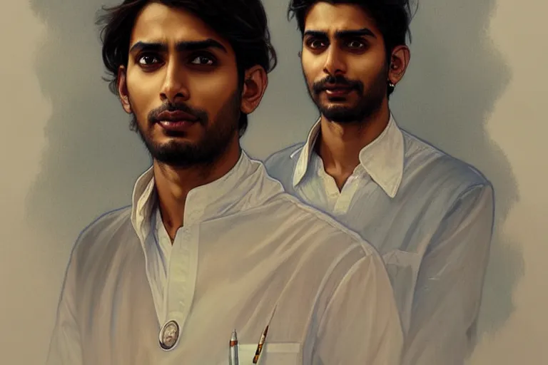 Image similar to Anxious pretty pale young Indian doctors wearing jeans and shirts at the airport, portrait, elegant, intricate, digital painting, artstation, concept art, smooth, sharp focus, illustration, art by artgerm and greg rutkowski and alphonse mucha