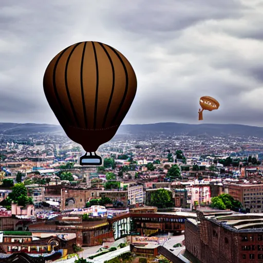 Prompt: a brown blimp flying in a steampunk city