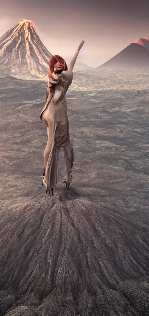 Image similar to a beautiful hyperrealistic ultradetailed 3D render ,one girl in a magnificent dress stands near a volcano, voge photo, fashion style, Annie Leibovitz photostyle, afar, fullbody, in full growth, photorealistic, high resolution, trending on artstation, highly detailed, volumetric lighting, octane render, wide angle,artstation, concept art, master illustration, elegant, details, good clear quality, volumetric lighting,