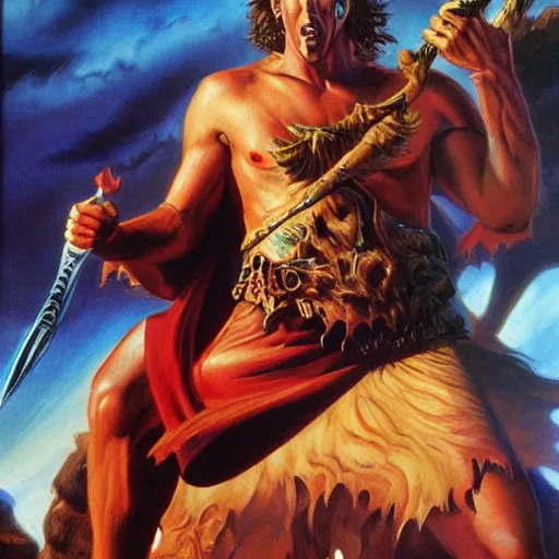 Prompt: Adam Sandler warrior king by boris vallejo