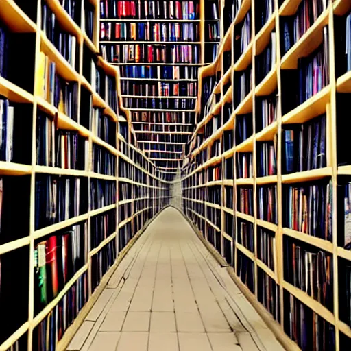 Prompt: Infinite tunnel made out of bookshelfs, photography, award winning, 8k