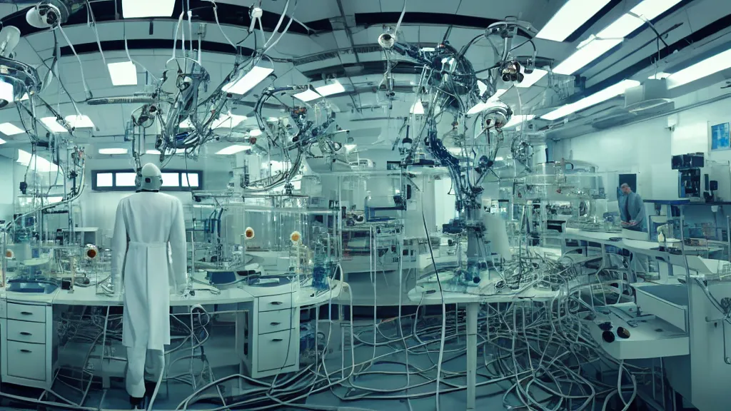 Image similar to a huge octoidal mri machine and control panels in the laboratory inspection room, film still from the movie directed by denis villeneuve with art direction by salvador dali, wide lens