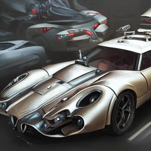 Image similar to full view of a car, intricate, elegant, highly detailed, digital painting, concept art, smooth, sharp focus, art style from Wang Ke and Greg Rutkowski and Bruce Kaiser and Scott Robertson and Dmitry Mazurkevich and Doruk Erdem and Jon Sibal, small style cue from Blade Runner and Total Recall and Cyberpunk 2077