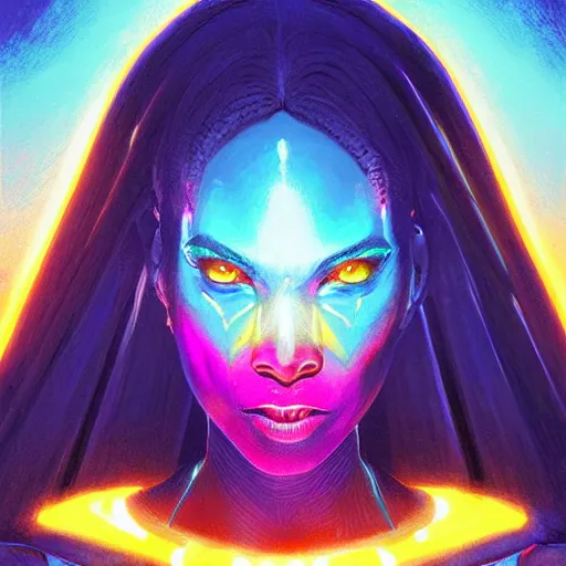 Image similar to african neon necromancer, science fiction, highly detailed, digital painting, beautiful eyes, symmetry, concept art, sharp focus, illustration, global illumination, radiant light, synthwave colors, detailed and intricate environment, art by artgerm and greg rutkowski and magali villeneuve and ilya kuvshinov!