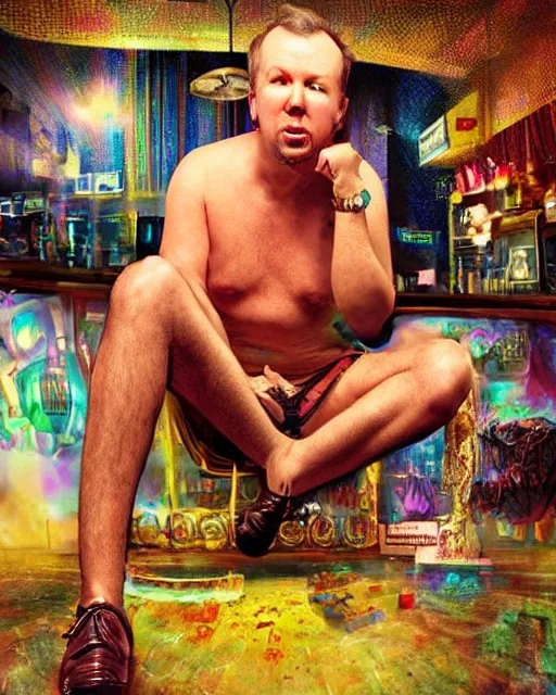 Image similar to hyper realistic doug stanhope in a strip club after eating 3 mg of lsd dof hdr art by aleksi briclot and alexander'hollllow'fedosav and laura zalenga