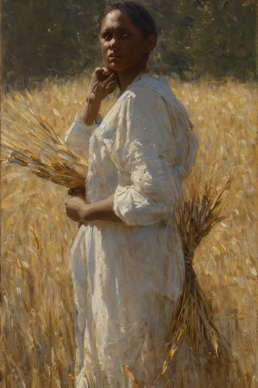 Image similar to Solomon Joseph Solomon and Richard Schmid and Jeremy Lipking painting full length portrait painting of a young woman carrying a sheaf of wheat