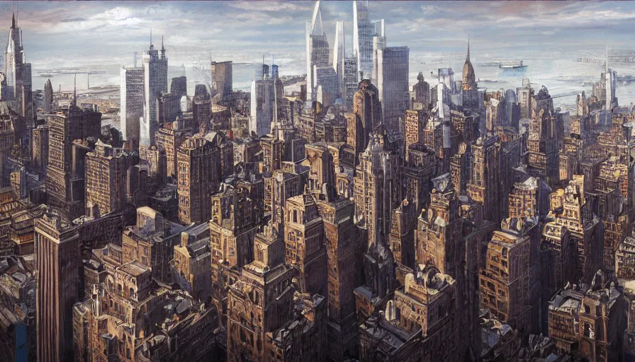 Image similar to view of downtown new york from the upper bay as a medieval city, digital art, medieval, fantasy, highly detailed, intricate, beautiful, concept art, art by julien gauthier, trending on artstation