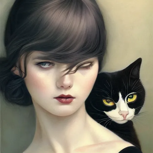 Prompt: a painting of a woman holding a cat, a photorealistic painting by tran nguyen and ilya kuvshinov, featured on deviantart, gothic art, goth, gothic, detailed painting, a character portrait by tom bagshaw, featured on deviantart, gothic art, wiccan, lowbrow, goth